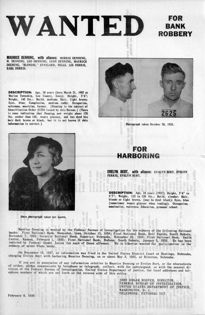 FBI wanted flyer for Maurice Denning and Evelyn Bert